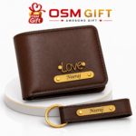 Personalized Brown Wallet and Keychain Gift Set with Custom Name Engraving by OSM Gift