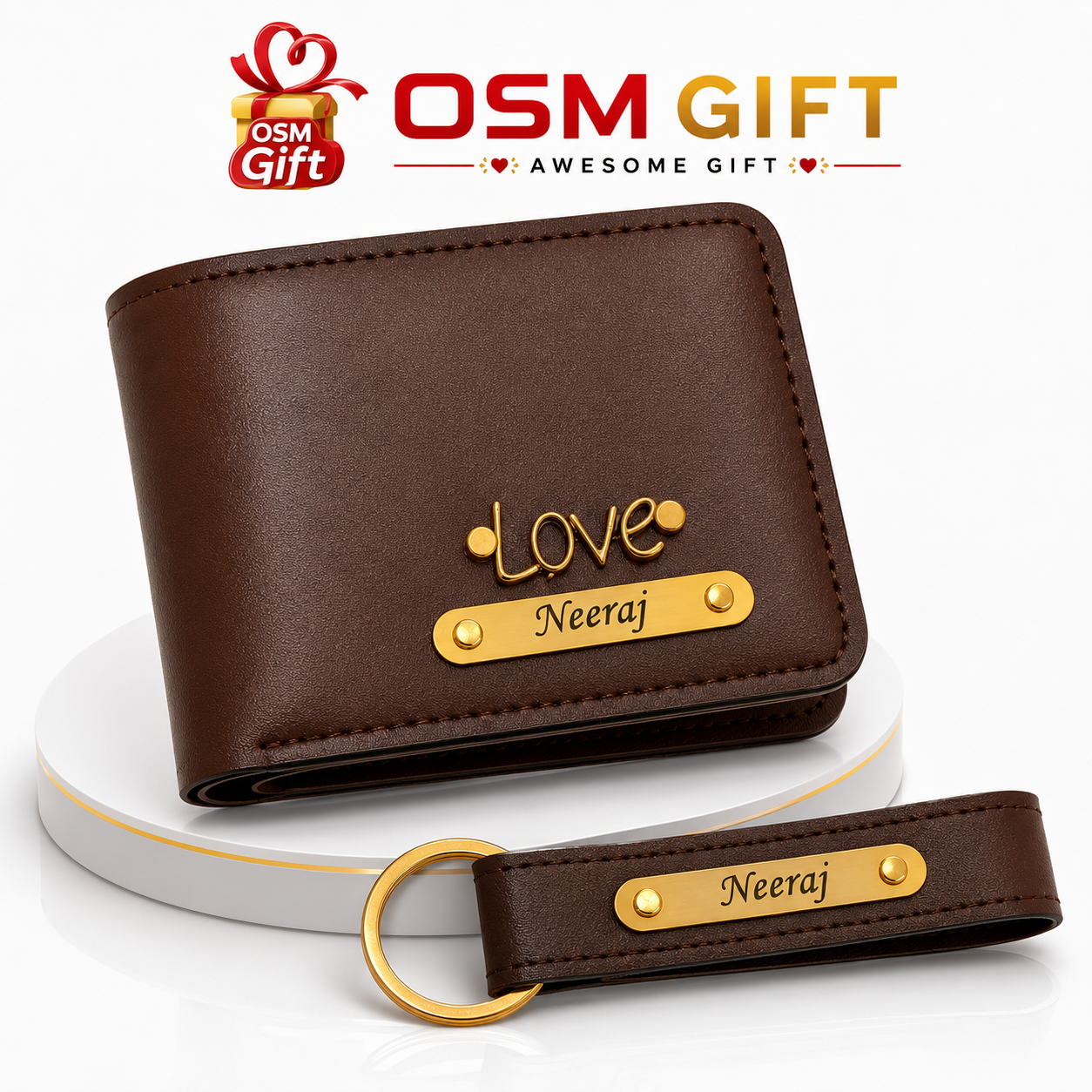 Personalized Brown Wallet and Keychain Gift Set with Custom Name Engraving by OSM Gift