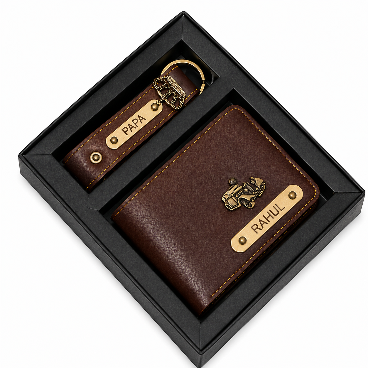 Personalized Brown Wallet & Keychain Gift Set with Custom Name Engraving