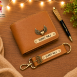 Customized wallet, designer pen and faux leather keychain gift set with personalized name engraving.