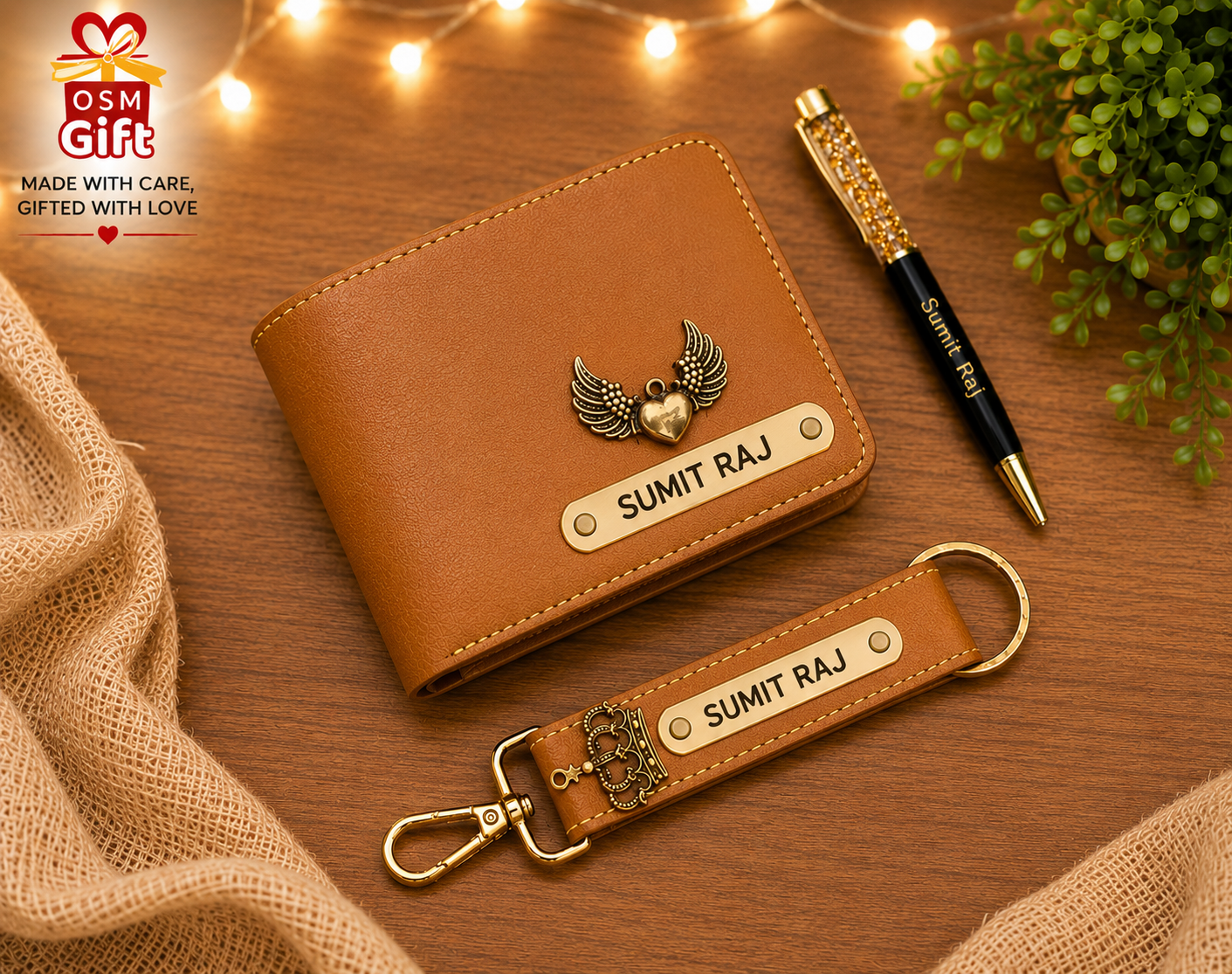 Customized wallet, designer pen and faux leather keychain gift set with personalized name engraving.