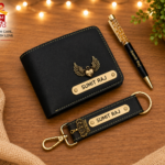 Customized wallet, designer pen and faux leather keychain gift set with personalized name engraving.