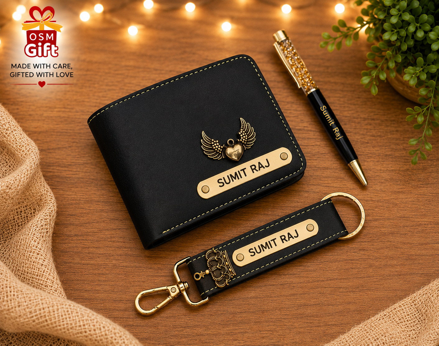 Customized wallet, designer pen and faux leather keychain gift set with personalized name engraving.