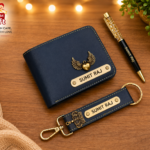 Customized wallet, designer pen and faux leather keychain gift set with personalized name engraving.