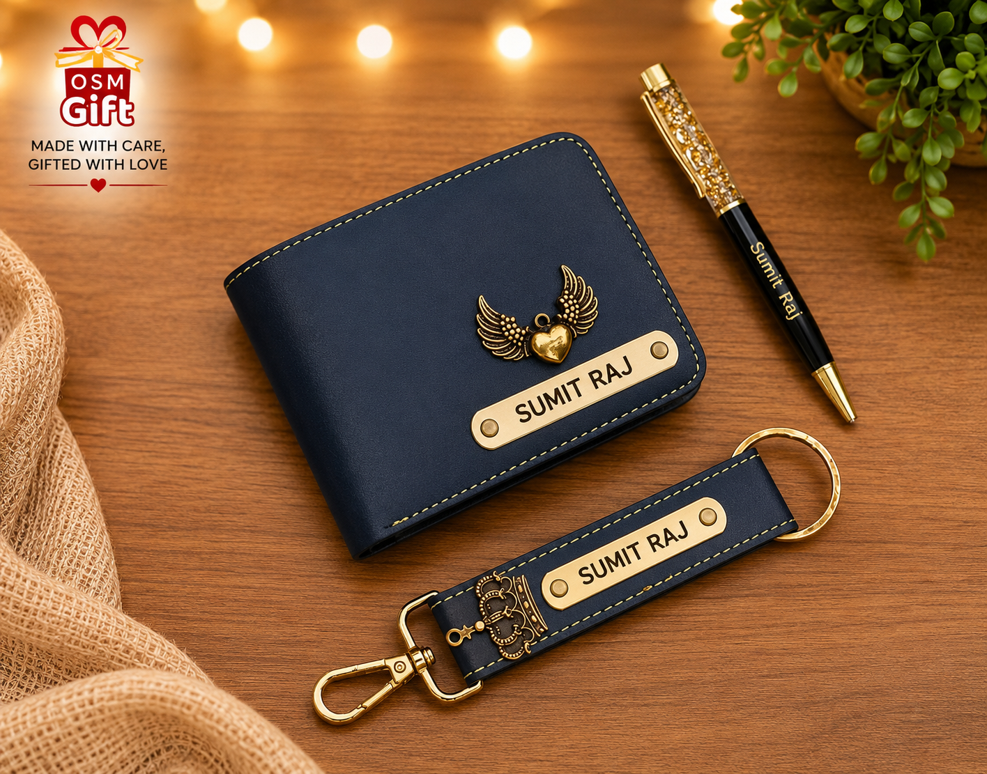 Customized wallet, designer pen and faux leather keychain gift set with personalized name engraving.