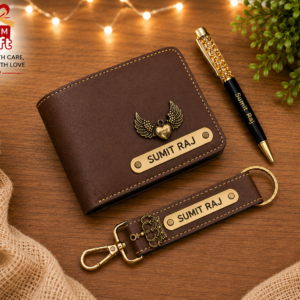 Customized wallet, designer pen and faux leather keychain gift set with personalized name engraving.