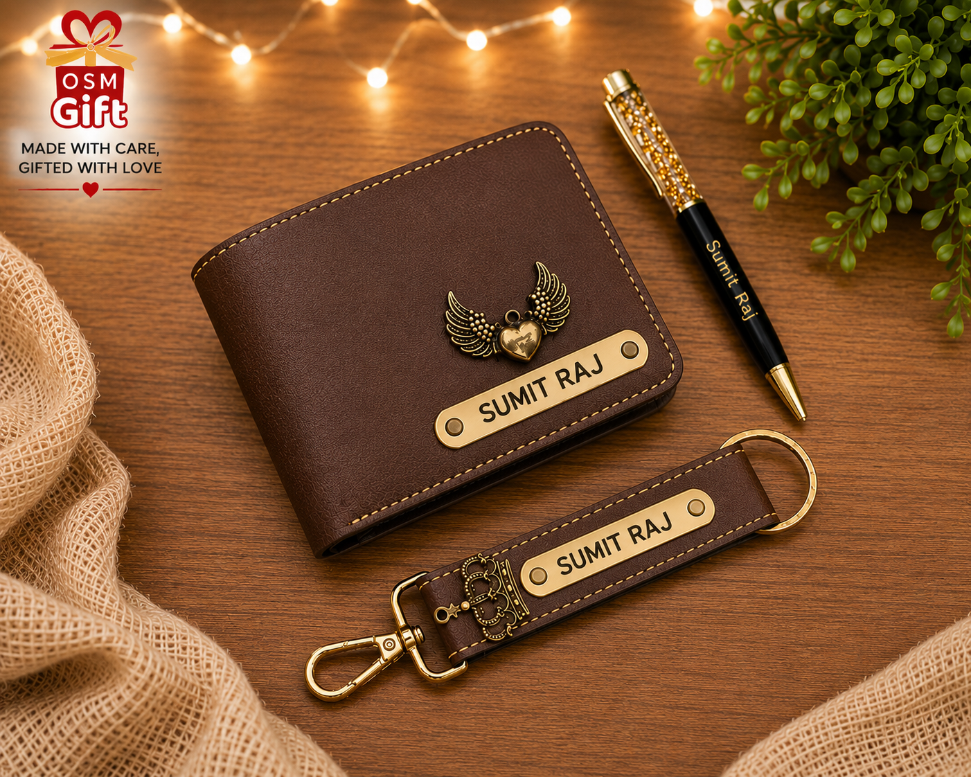 Customized wallet, designer pen and faux leather keychain gift set with personalized name engraving.