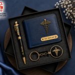 Customized doctor gift combo set including doctor wallet, doctor pen and doctor keychain with personalized name engraving.