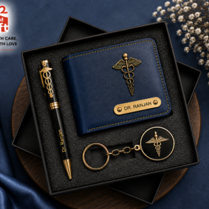 Customized doctor gift combo set including doctor wallet, doctor pen and doctor keychain with personalized name engraving.