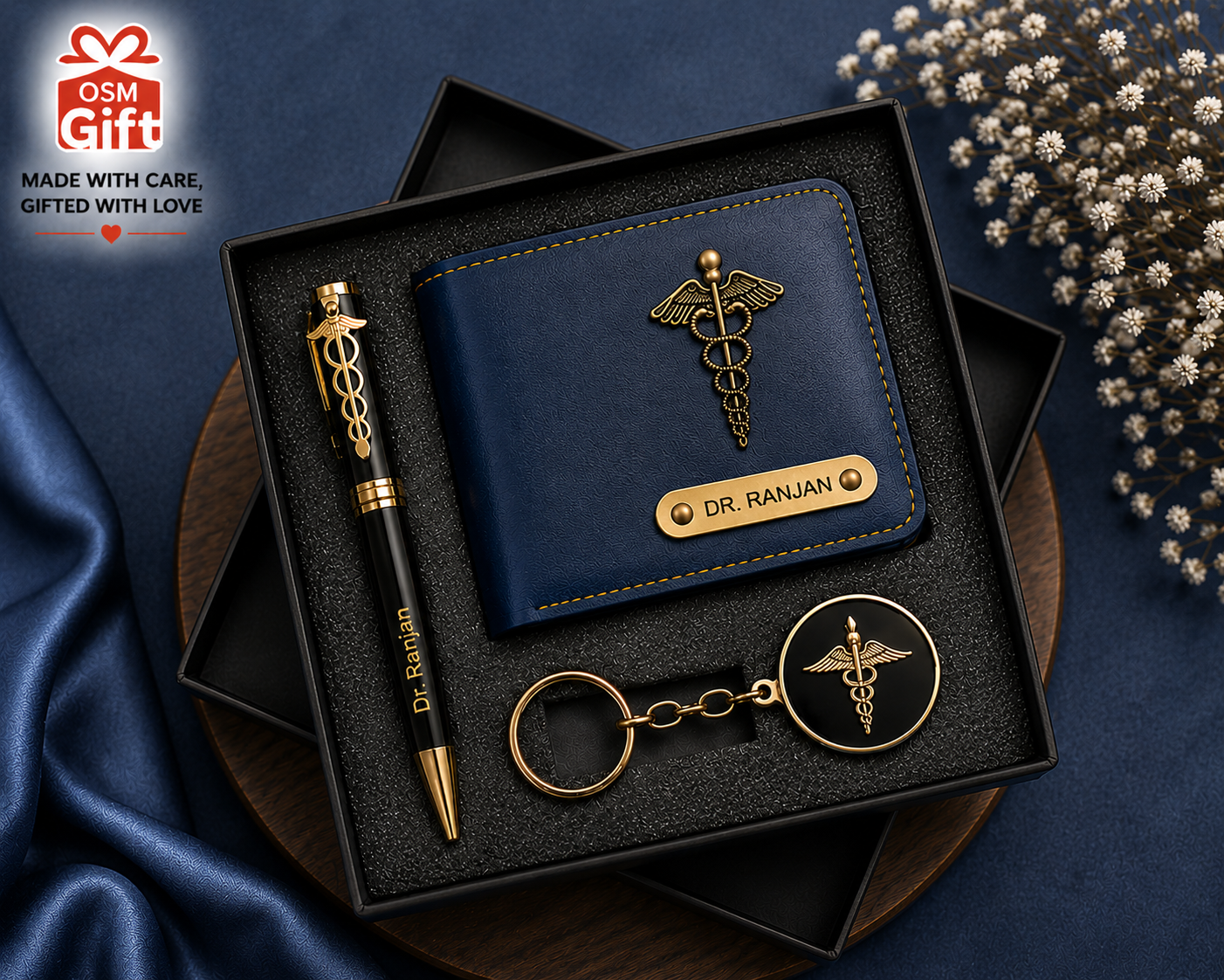 Customized doctor gift combo set including doctor wallet, doctor pen and doctor keychain with personalized name engraving.