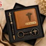 Customized doctor gift combo set including doctor wallet, doctor pen and doctor keychain with personalized name engraving.