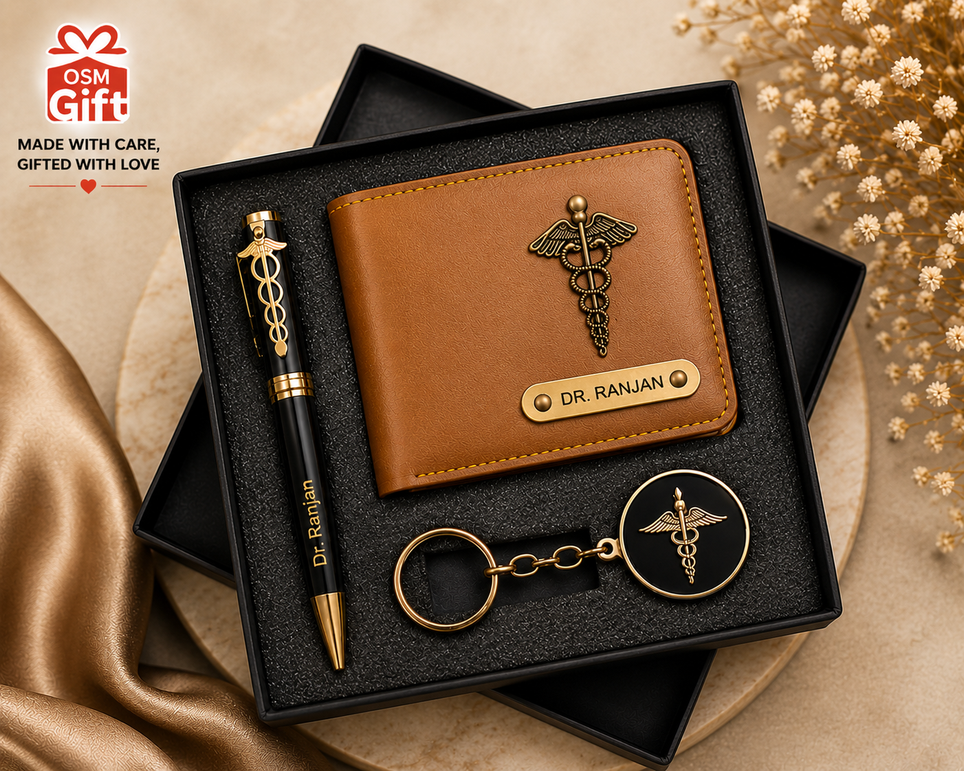 Customized doctor gift combo set including doctor wallet, doctor pen and doctor keychain with personalized name engraving.