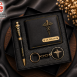 Customized doctor gift combo set including doctor wallet, doctor pen and doctor keychain with personalized name engraving.
