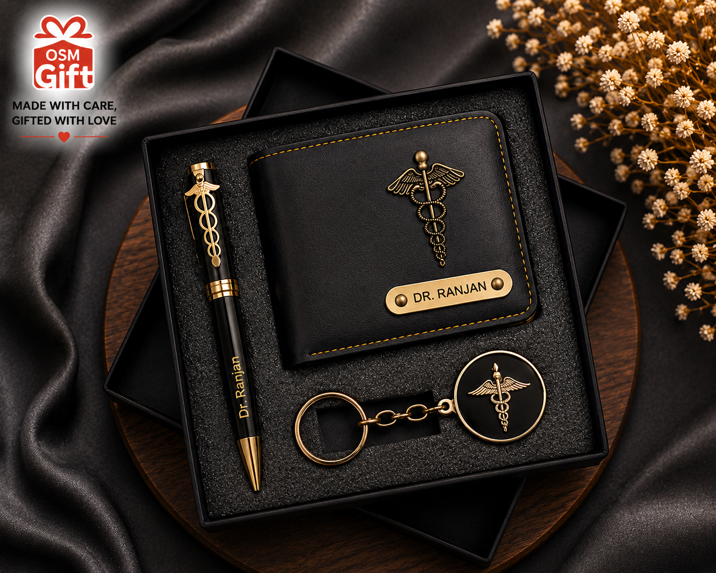 Customized doctor gift combo set including doctor wallet, doctor pen and doctor keychain with personalized name engraving.