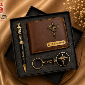 Customized doctor gift combo set including doctor wallet, doctor pen and doctor keychain with personalized name engraving.