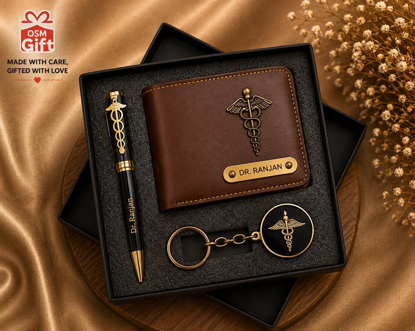 Customized doctor gift combo set including doctor wallet, doctor pen and doctor keychain with personalized name engraving.