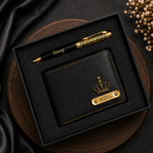 Customized wallet and designer pen gift set with personalized name engraving in gift box packaging.