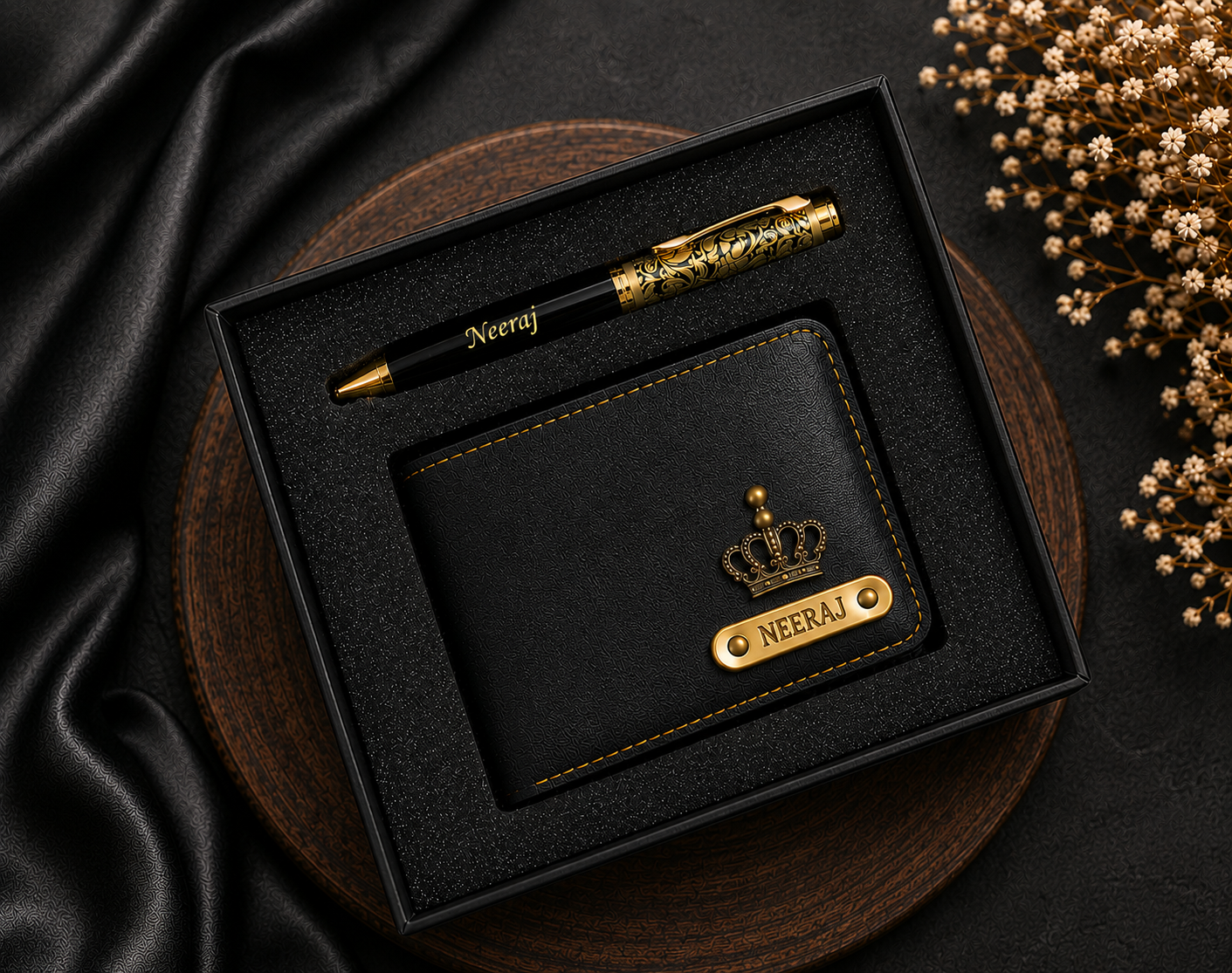 Customized wallet and designer pen gift set with personalized name engraving in gift box packaging.