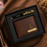 Customized wallet and designer pen gift set with personalized name engraving in gift box packaging.