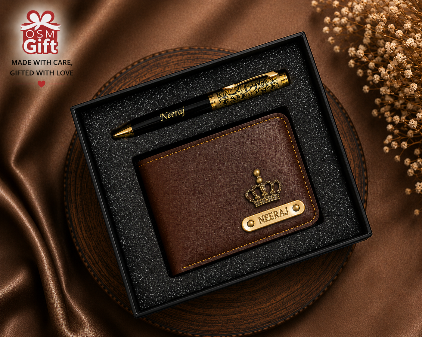 Customized wallet and designer pen gift set with personalized name engraving in gift box packaging.
