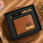 Customized wallet and designer pen gift set with personalized name engraving in gift box packaging.