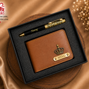 Customized wallet and designer pen gift set with personalized name engraving in gift box packaging.