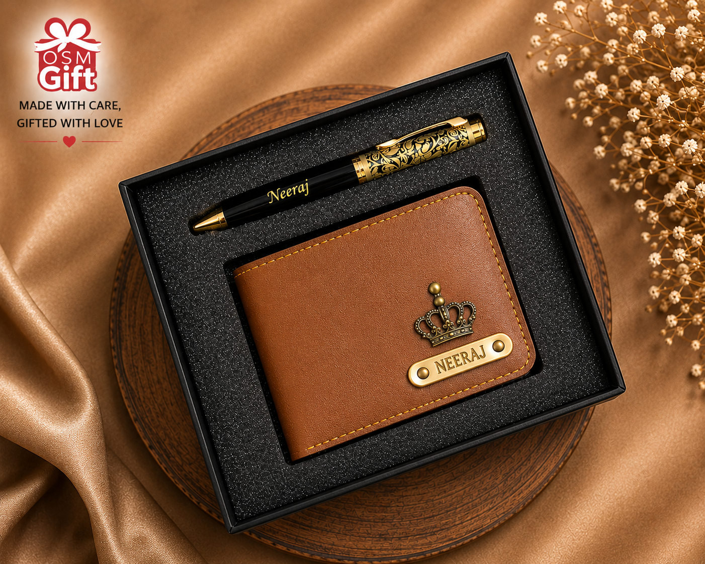 Customized wallet and designer pen gift set with personalized name engraving in gift box packaging.
