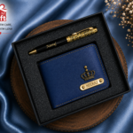Customized wallet and designer pen gift set with personalized name engraving in gift box packaging.