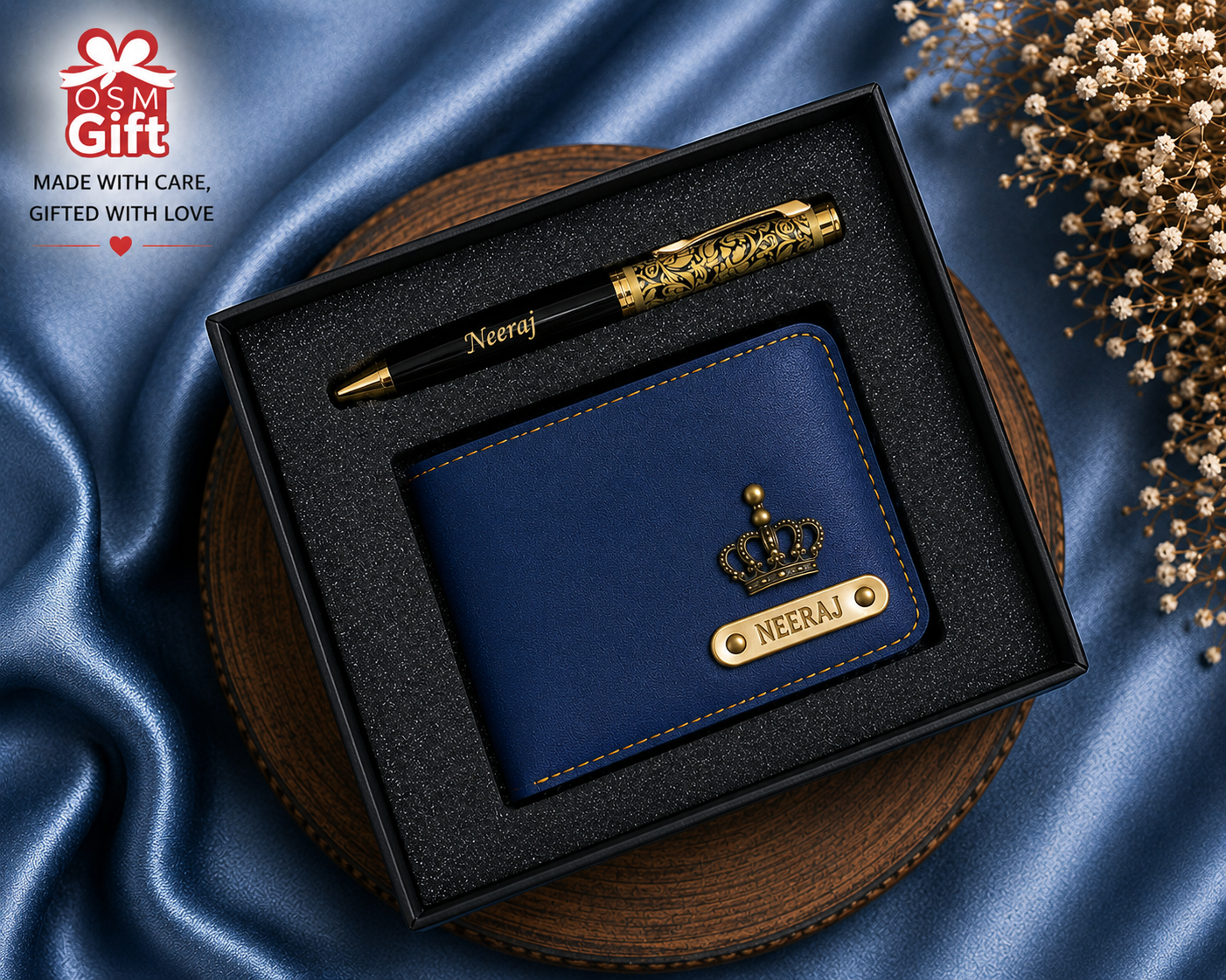 Customized wallet and designer pen gift set with personalized name engraving in gift box packaging.
