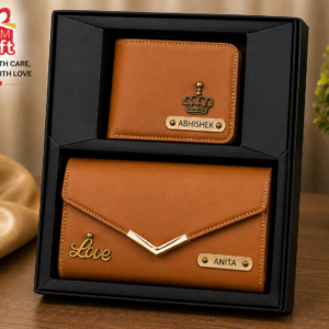 Personalized men and women wallet combo set with custom name engraving and gift box packaging.
