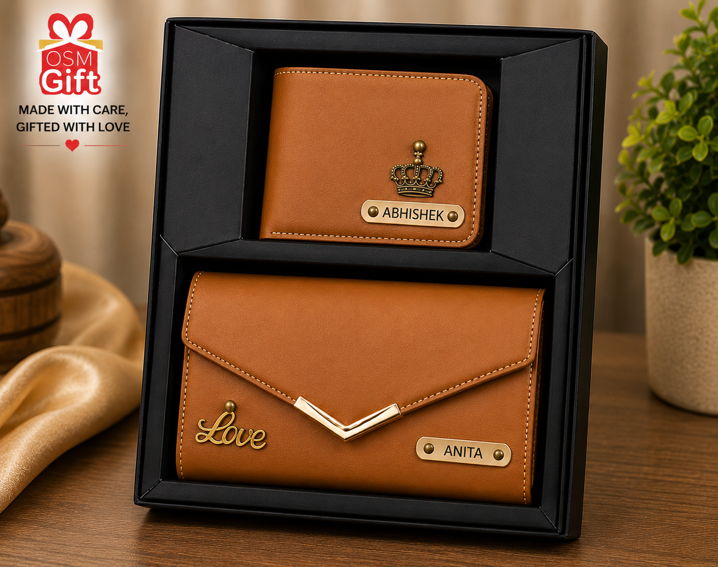 Personalized men and women wallet combo set with custom name engraving and gift box packaging.