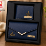 Personalized men and women wallet combo set with custom name engraving and gift box packaging.
