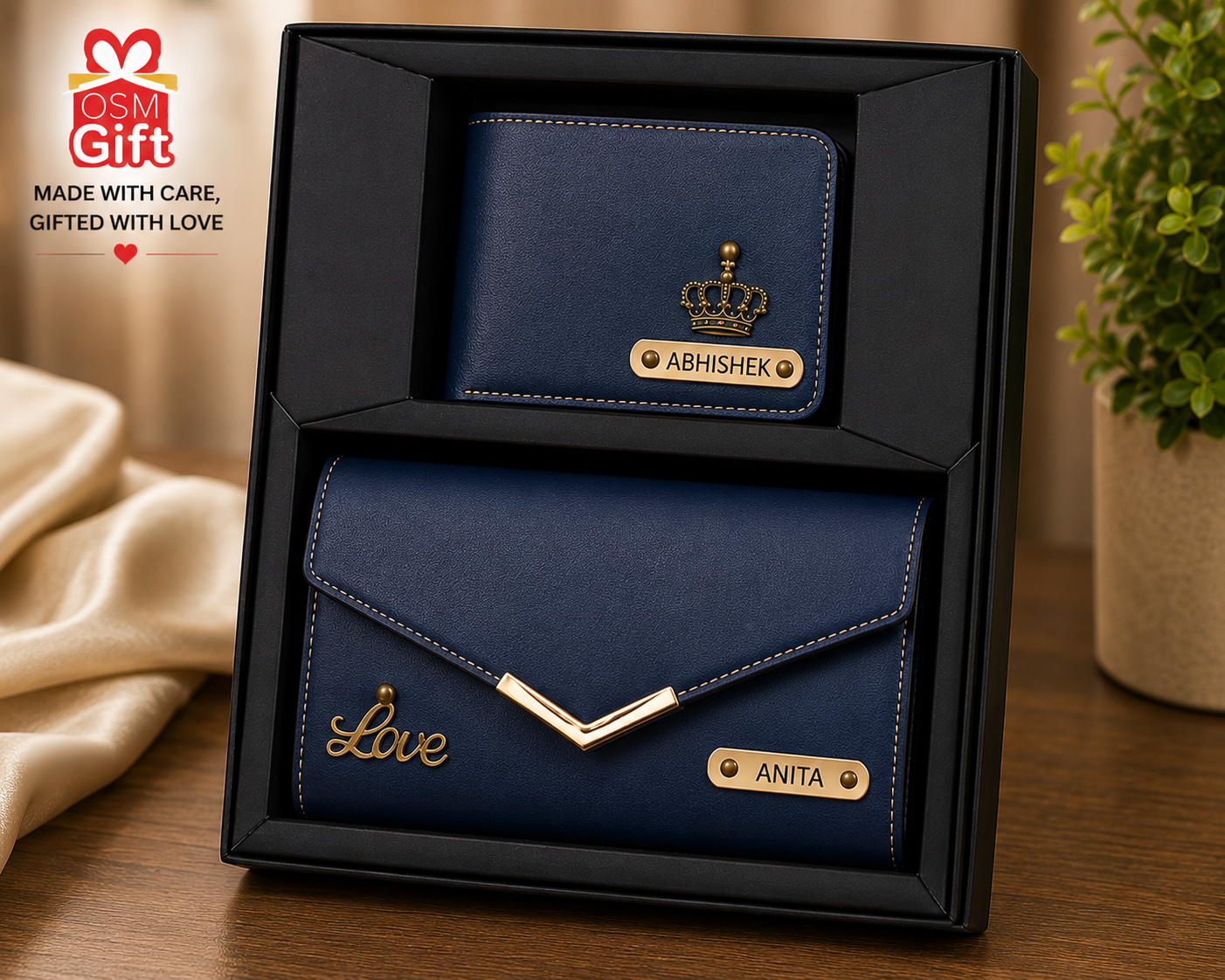 Personalized men and women wallet combo set with custom name engraving and gift box packaging.