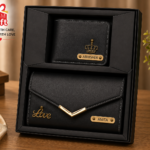 Personalized men and women wallet combo set with custom name engraving and gift box packaging.
