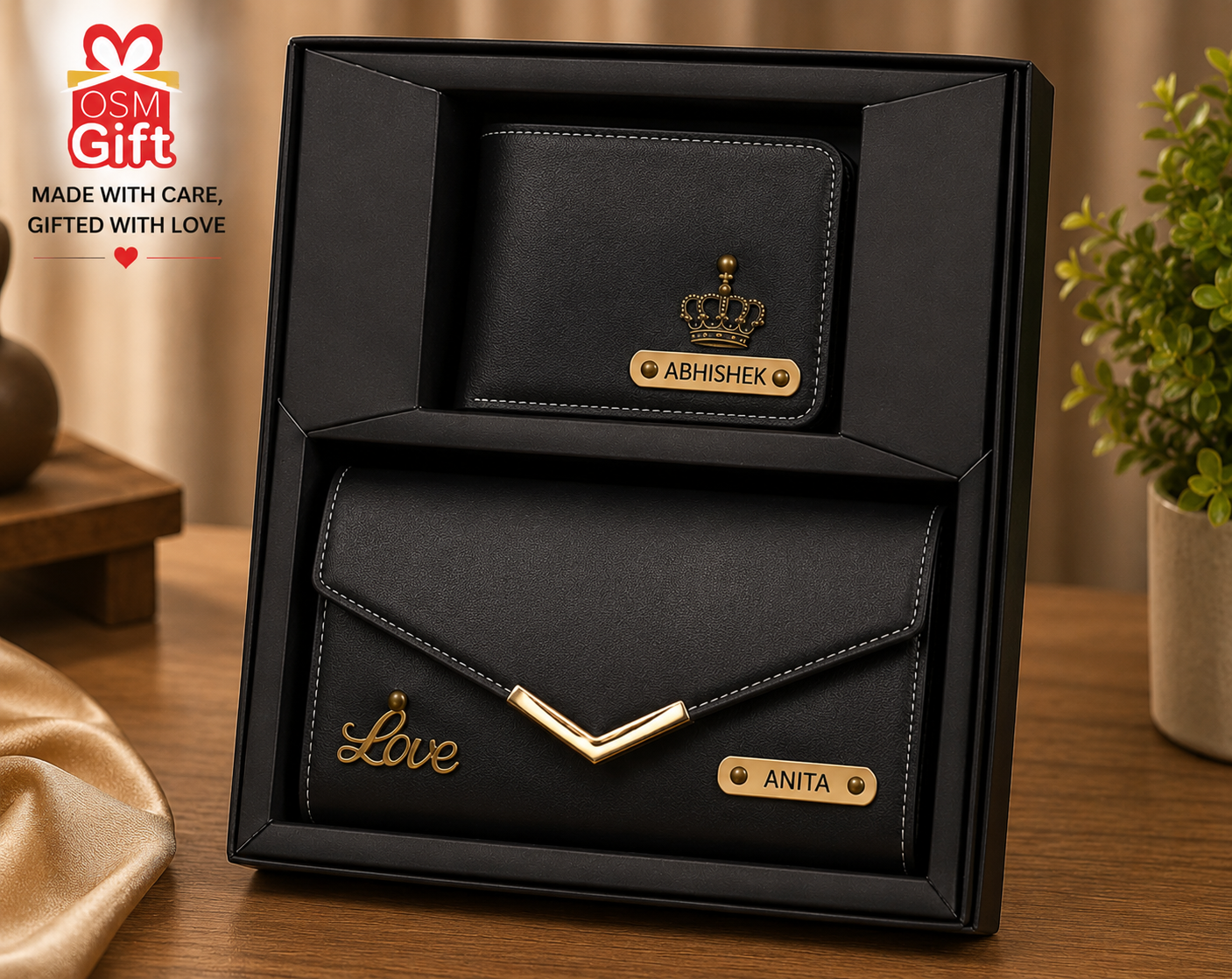 Personalized men and women wallet combo set with custom name engraving and gift box packaging.