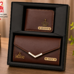 Personalized men and women wallet combo set with custom name engraving and gift box packaging.