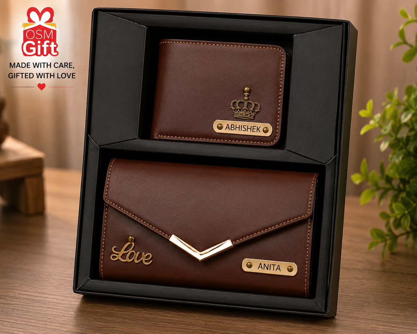Personalized men and women wallet combo set with custom name engraving and gift box packaging.
