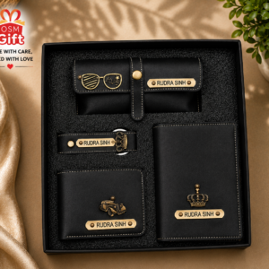 Customized 4 in 1 gift combo set including wallet, passport cover, keychain and sunglasses case with personalized name engraving.