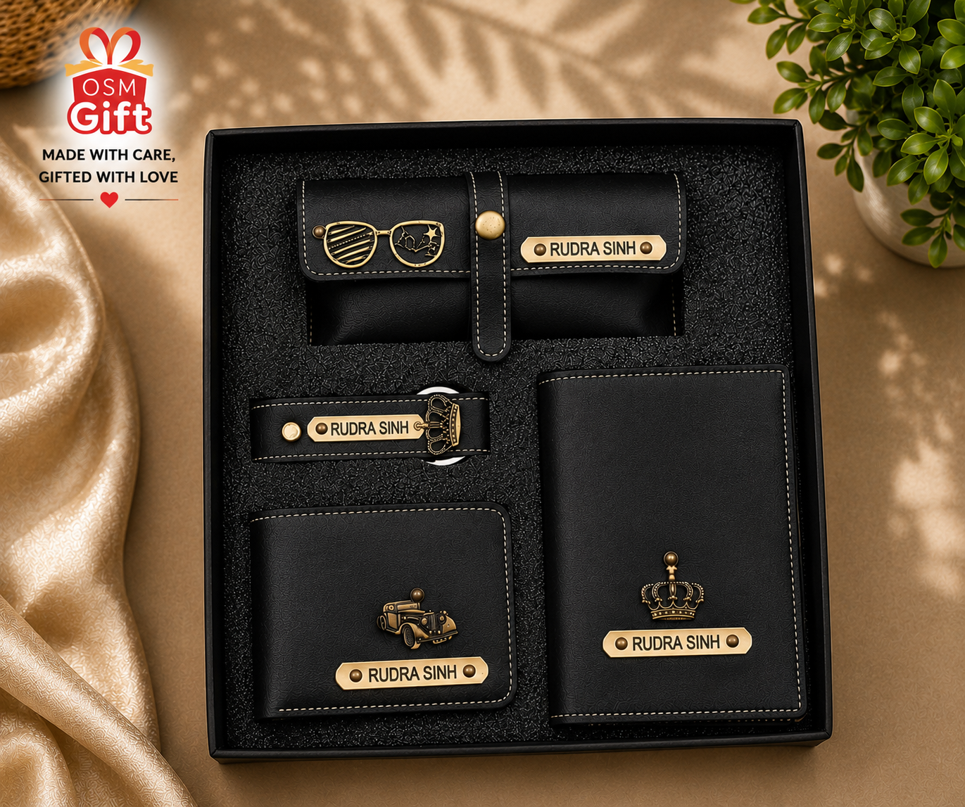 Customized 4 in 1 gift combo set including wallet, passport cover, keychain and sunglasses case with personalized name engraving.