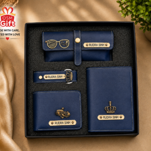 Customized 4 in 1 gift combo set including wallet, passport cover, keychain and sunglasses case with personalized name engraving.