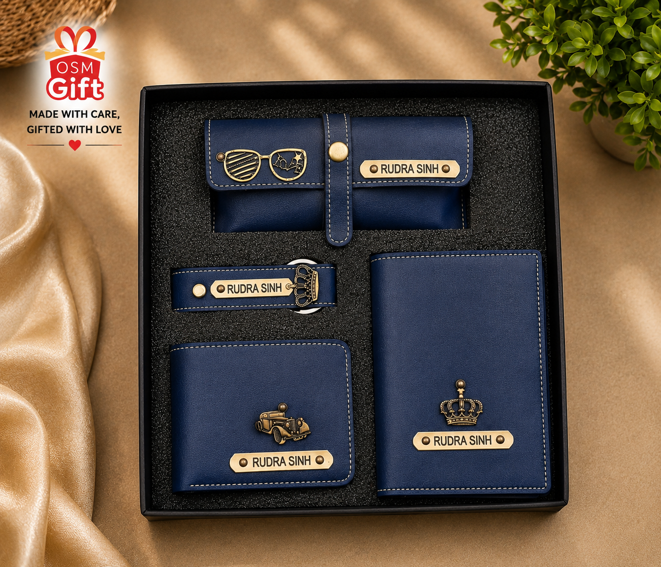 Customized 4 in 1 gift combo set including wallet, passport cover, keychain and sunglasses case with personalized name engraving.