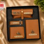 Customized 4 in 1 gift combo set including wallet, passport cover, keychain and sunglasses case with personalized name engraving.