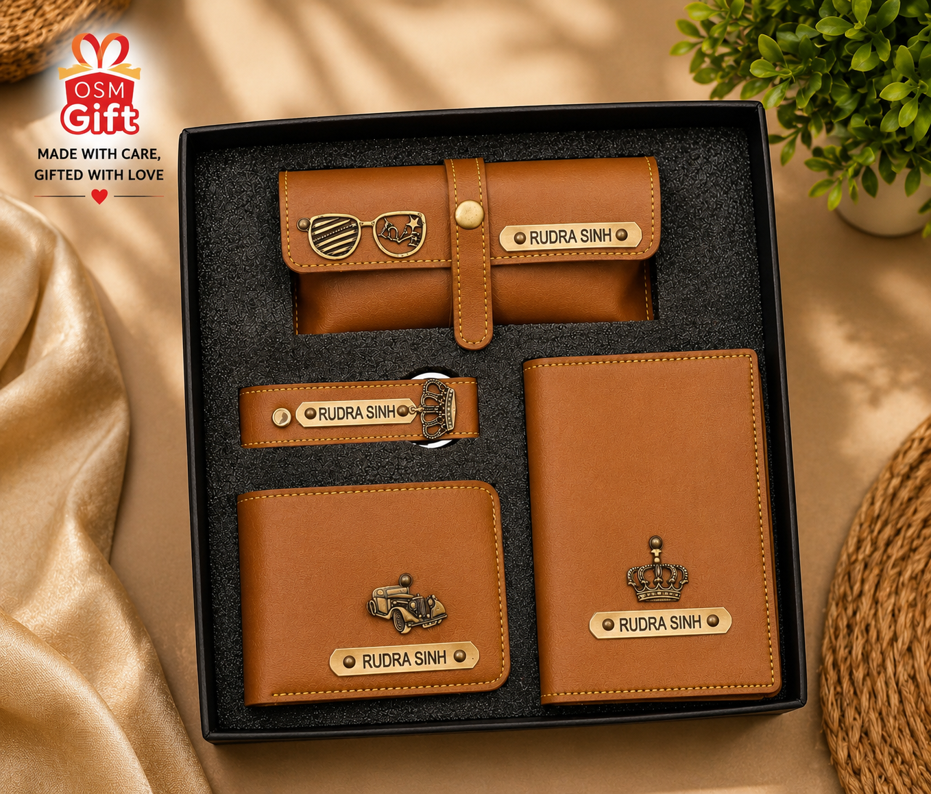 Customized 4 in 1 gift combo set including wallet, passport cover, keychain and sunglasses case with personalized name engraving.