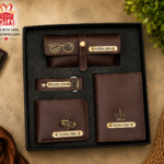 Customized 4 in 1 gift combo set including wallet, passport cover, keychain and sunglasses case with personalized name engraving.