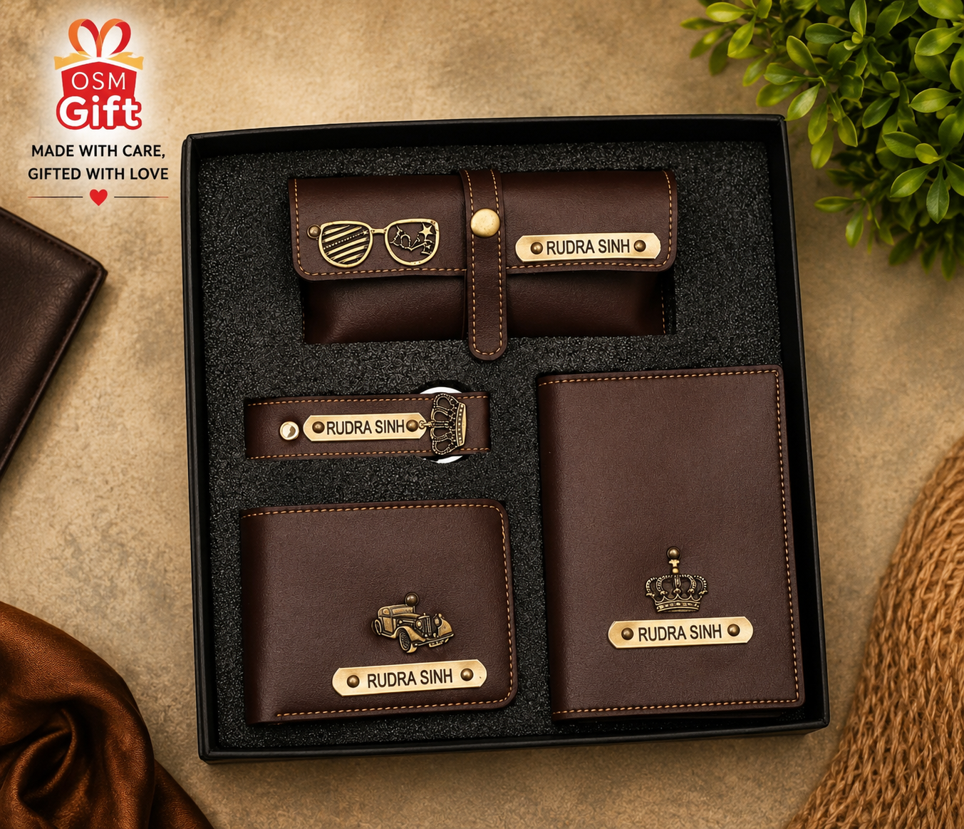 Customized 4 in 1 gift combo set including wallet, passport cover, keychain and sunglasses case with personalized name engraving.