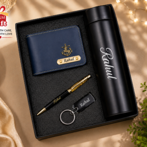 Customized gift combo set with temperature bottle, wallet, pen and keychain featuring personalized name engraving.