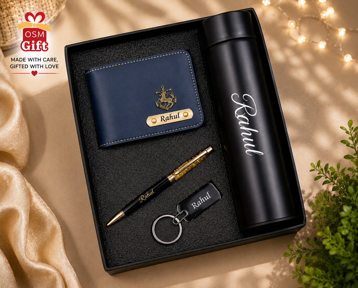Customized gift combo set with temperature bottle, wallet, pen and keychain featuring personalized name engraving.