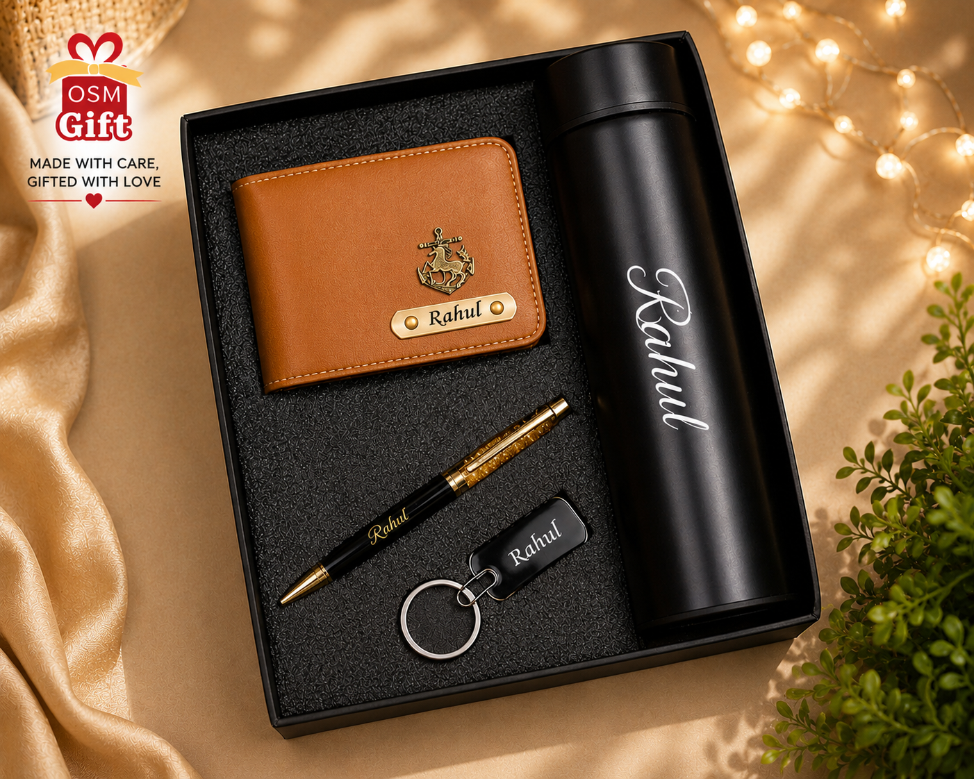 Tan colour wallet With pen and temperature bottle combo