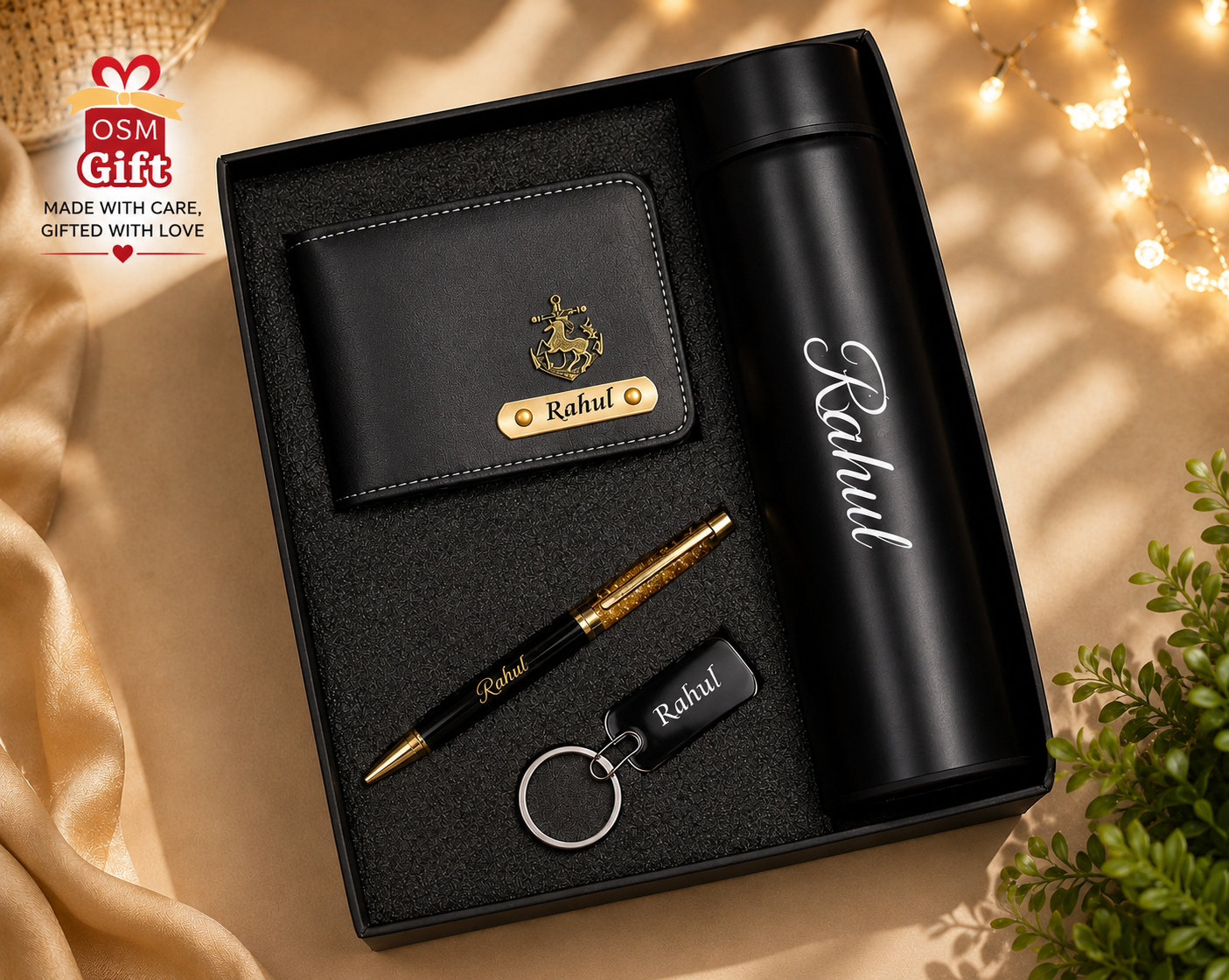 Black colour wallet With pen and temperature bottle combo