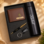 Brown colour wallet With pen and temperature bottle combo